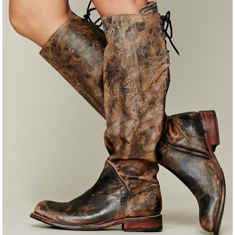 Distressed Brown Leather Knee-High Riding Boots